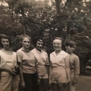 Lucinda Butler, Georgette Morrison, Martha Valentine ,Carolyn McCannon, unknowm at Wesley Methodist choir camp - June '57.JPG